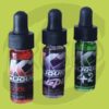 K2 E-Liquid Code Red bottle on a wooden surface with a vape pen and natural light